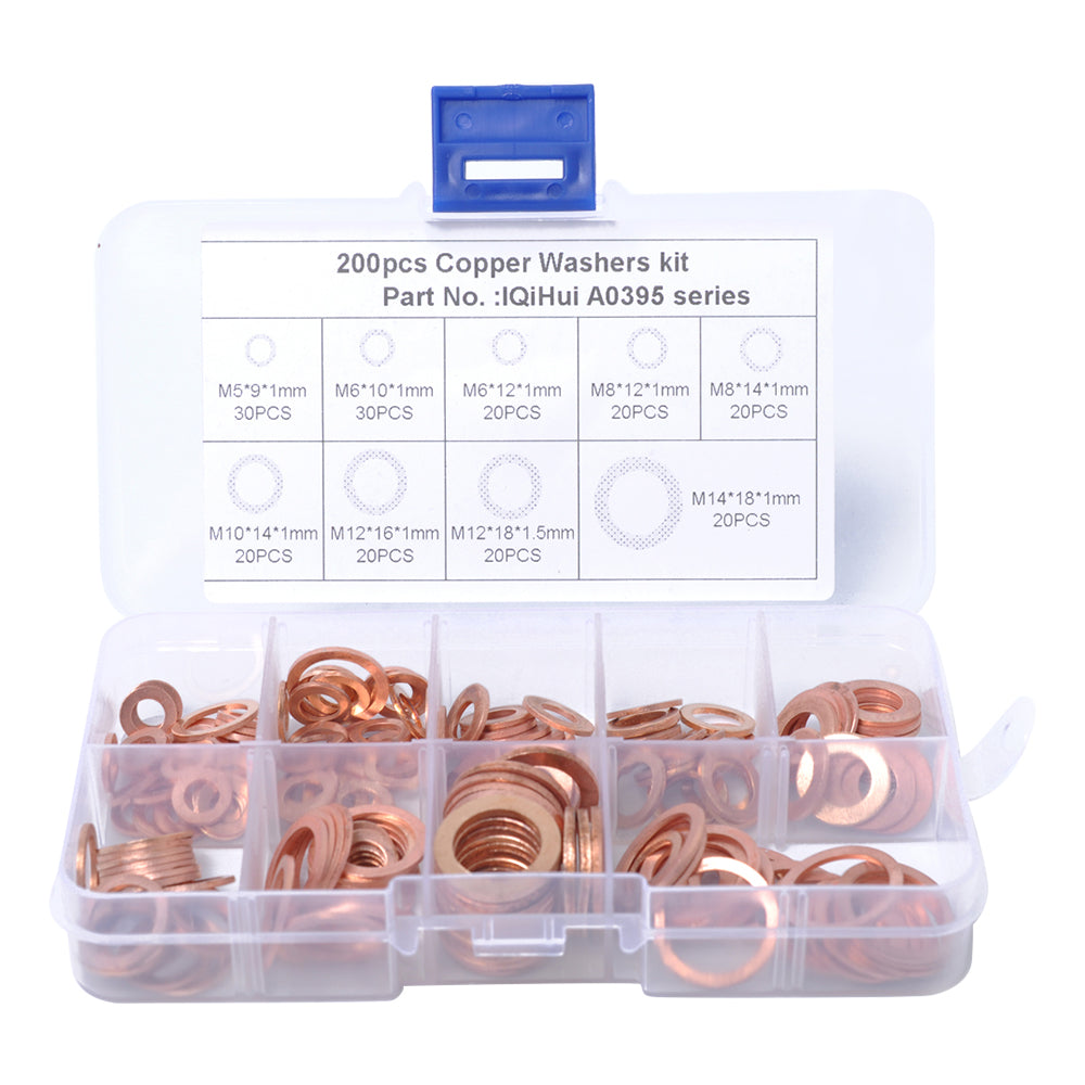 A0395 200Pcs / Set Copper Sealing Washers Flat Rings Gaskets with Plastic Box A0395 200Pcs / Set Copper Sealing Washers Flat Rings Gaskets with Plastic Box